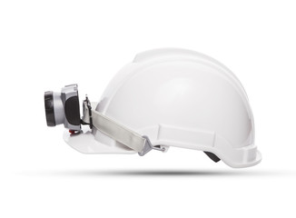 side view of white mining safety helmet with light lamp isolated