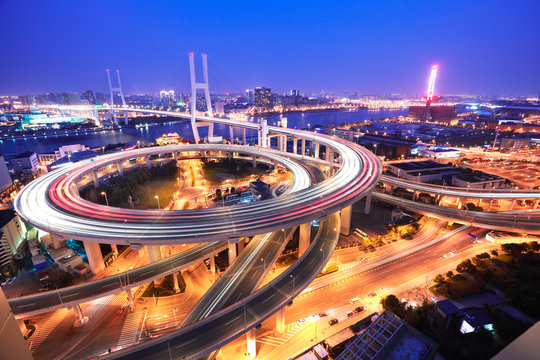 Spiral Bridge In Shanghai Huangpu River On The Bird's Eye View O