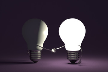 Light bulbs handshaking on violet