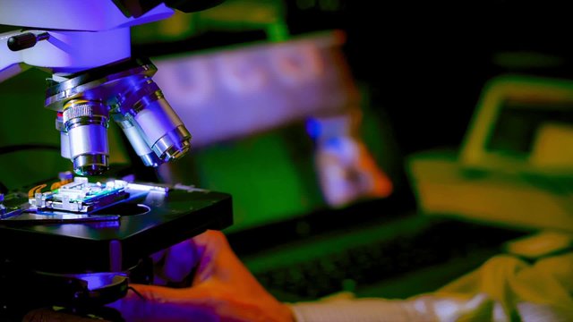 check micro electronic chip under a microscope