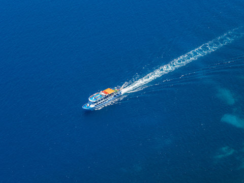 Aerial view of ferry boat in open waters in Greece
