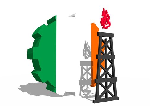 iraland national flag on gear and 3d gas rig model near