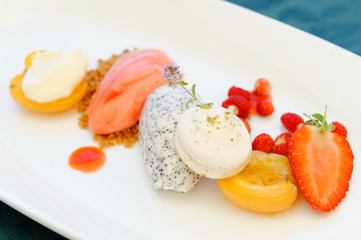 Fine dining dessert, Strawberry ice cream, poppy seed mousse