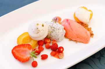 Fine dining dessert, Strawberry ice cream, poppy seed mousse