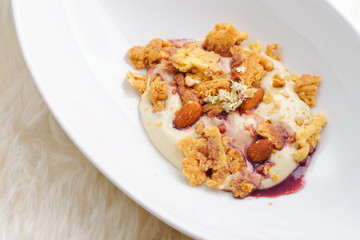 Modern style zabaglione Italian dessert with almonds
