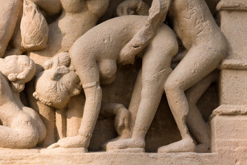 Fototapeta na wymiar Erotic Temple in Khajuraho. Madhya Pradesh, India.