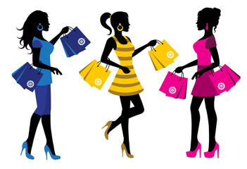 three elegant female silhouette with shopping bags
