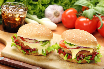 Homemade hamburger with fresh vegetables and cheese