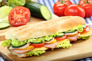 Baguette salad submarine sandwich with ham