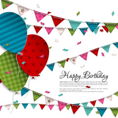 Obraz premium Vector birthday card with balloons and bunting flags.