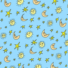 doodle sun moon and stars pattern background