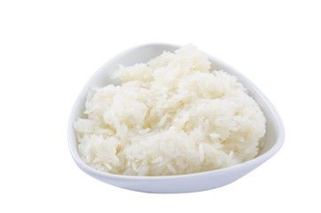 white rice in white bowl isolated