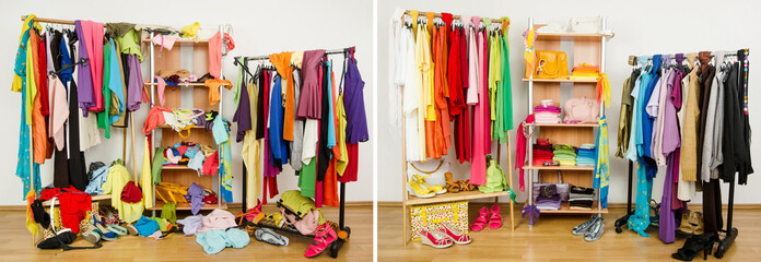 Dressing closet before messy after tidy arranged by colors.