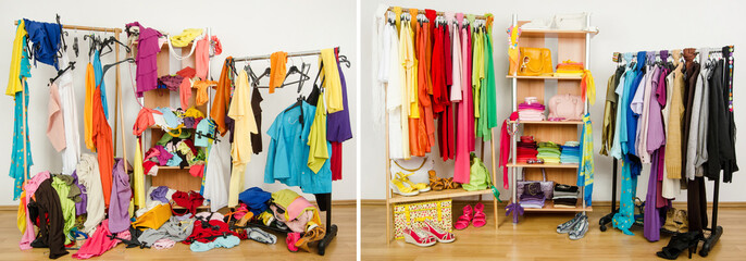 Wardrobe before messy after tidy arranged by colors. - 65963978