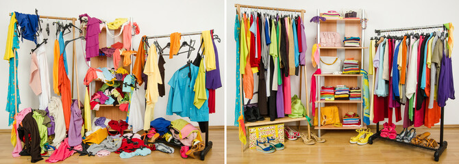 Wardrobe before untidy after tidy.Woman dressing messy-arranged. - 65963980