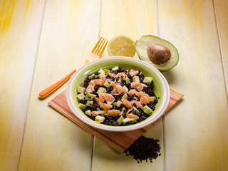 black rice with avocado and smoked salmon