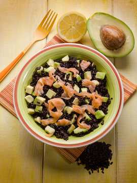 black rice with avocado and smoked salmon