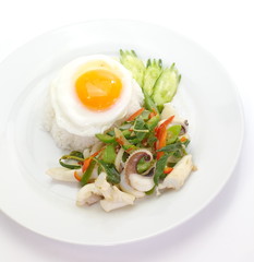 fried basil leaf with squid and white rice