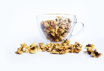 loose-tea , Oolong flower tea with glass cup on white background