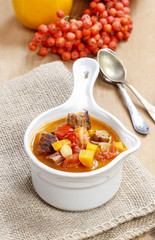 Red soup with vegetables and meat