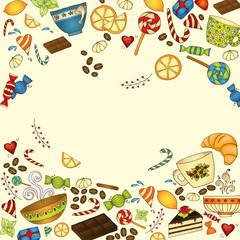 Tea, coffee and sweets doodle template pattern.