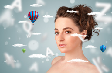 Beautiful young woman with wellness and healthcare clouds