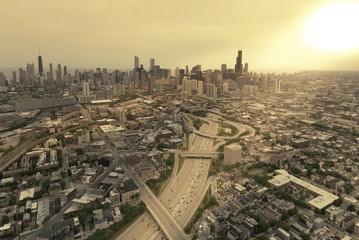 Aerial highway view against Chicago skyline- vintage effect