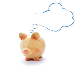 Piggy bank with blank text bubble isolated on white