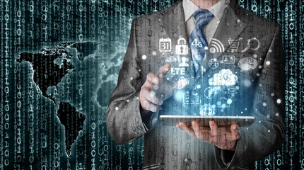 Business man use tablet pc with colorful application icons