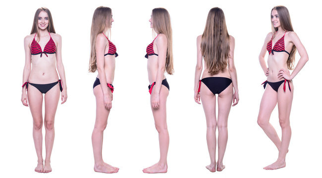 Collage of beautiful woman in bikini from all sides