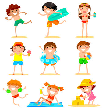 collection of cartoon kids having fun at the beach