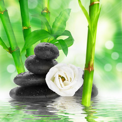 Fototapeta na wymiar spa Background - black stones and bamboo on water