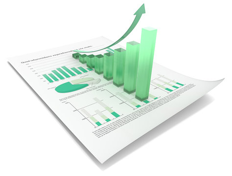 Growth.Financial document with 3d graph of frosted glass. Green.