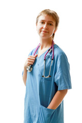 doctor woman with stethoscope. Isolated on white background.