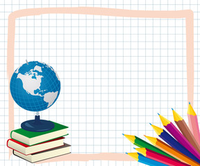 School frame with colored pencils, books and globe