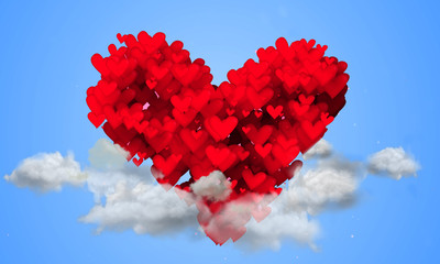 Red Love Shape Particles on the sky blue background