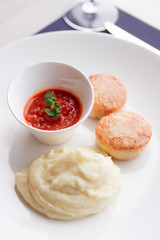 Lightly seared cutlets and potato mash