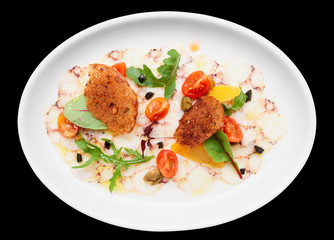 Octopus carpaccio in plate, isolated