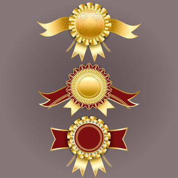 Vector champion medals. Best quality emblem. Set of gold and red