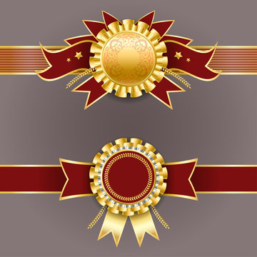Vector champion medals. Set of gold and red badges with ribbons