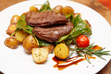 Steak with fried potatoes in plate