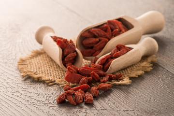 Goji berries on a wooden spoons