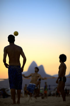Beach Football Sunset Silhouettes Playing Altinho Rio Brazil