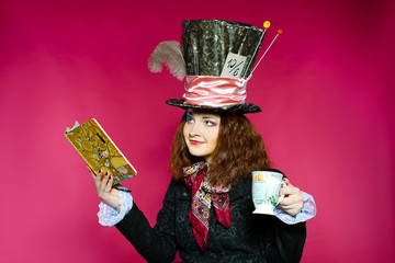 Portrait of young woman in the similitude of the Hatter ("Alice'