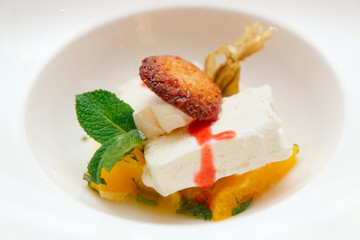 Ice cream with fruits in plate