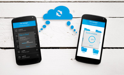 Two mobile phone sync through the cloud.