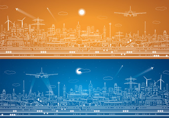 Airport panorama, vector city infrastructure