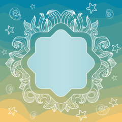 Frame with seashells, starfish, leaves and waves
