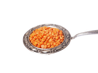 Red lentils on metal  Spoon ,isolated white background
