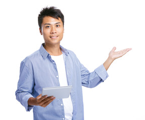 Asian man hold tablet and open plam